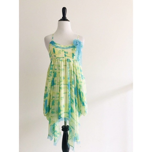 Steve Madden | Tie Dye Draped Top Sz XS Yellow Blue Lace Spaghetti Strap Fringe - Picture 2 of 13